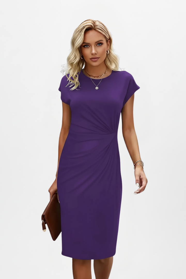 Narella  Knee-Length Dress with Round Neck and Ruched Waist