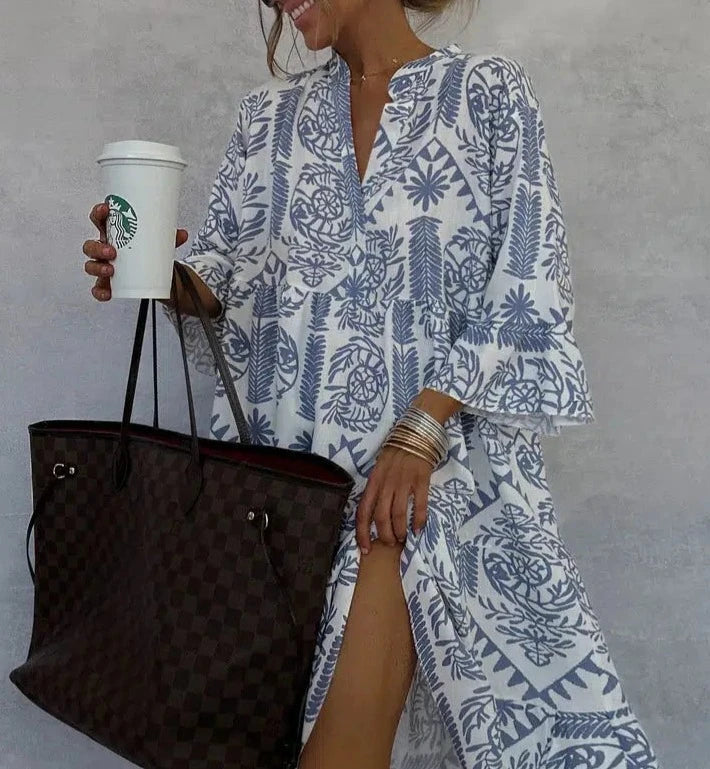 Diantha Boho Patterned Long Sleeve Mini Dress