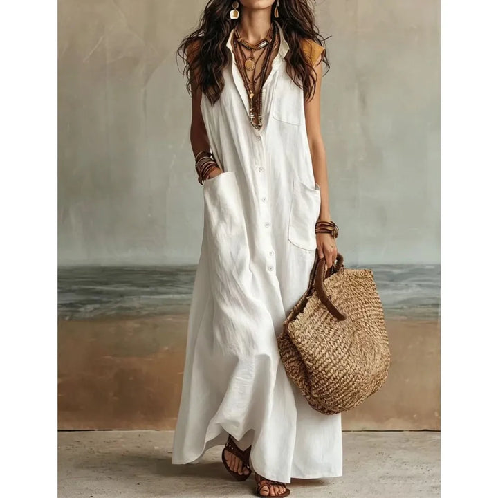 Ophelia Bohemian V Neck Casual Linen Maxi Dress