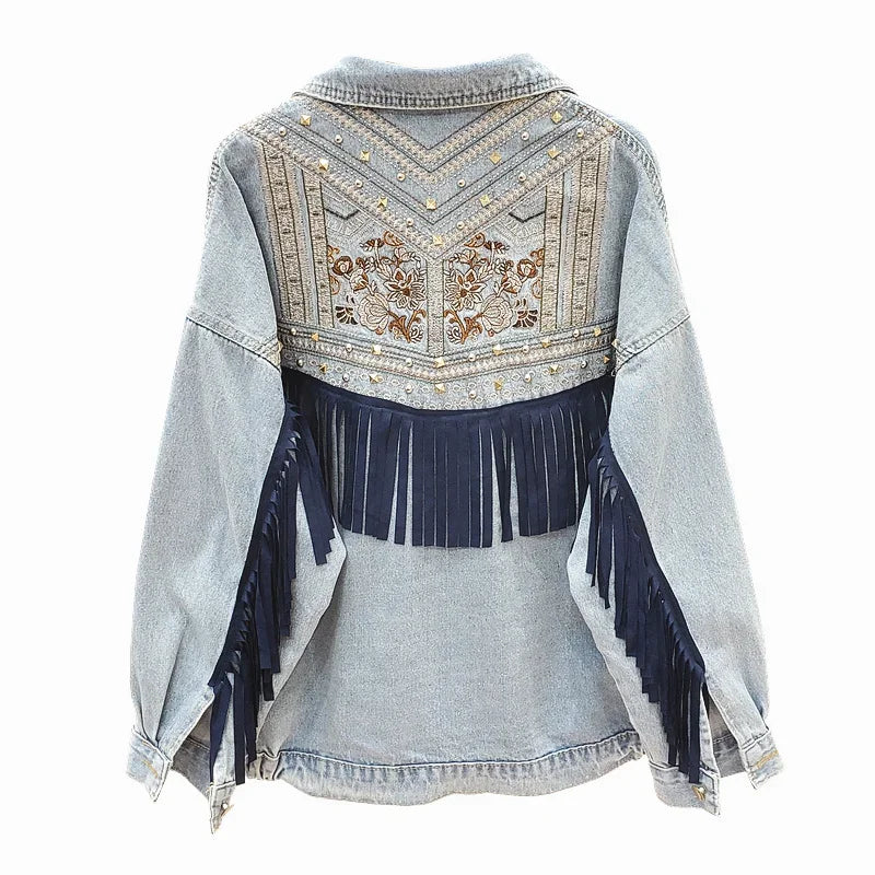 Bianca Embroidered Fringe Denim Jacket