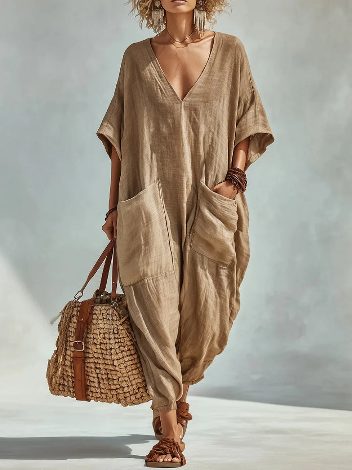 Fallon V Neck Linen Blend Pocket Romper