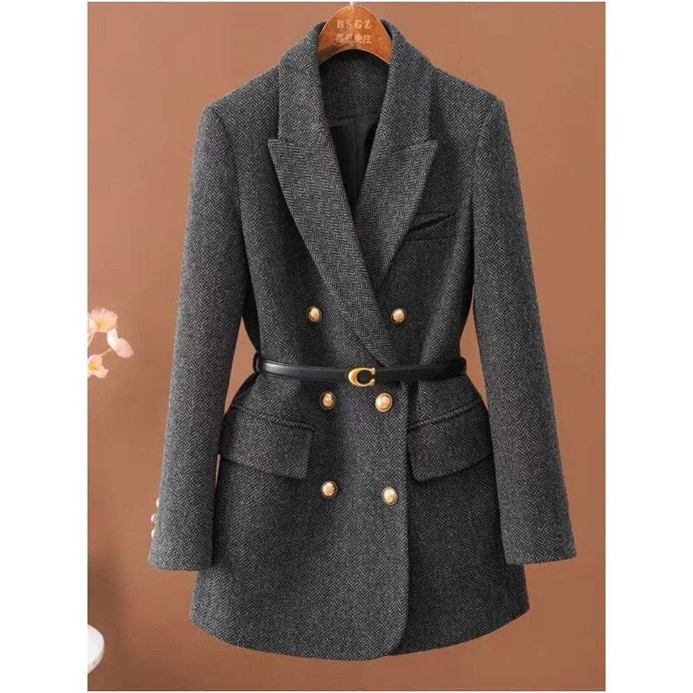 Margaux Herringbone Belted Waist Blazer