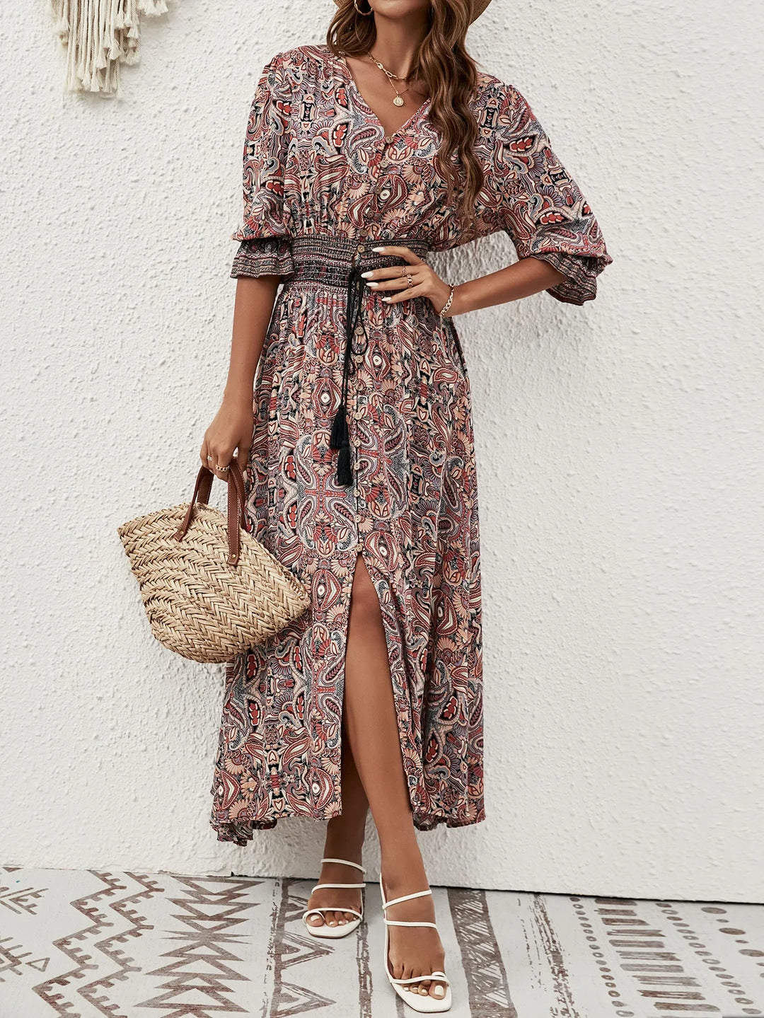Isabeau Bohemian Tie Waist Maxi Dress