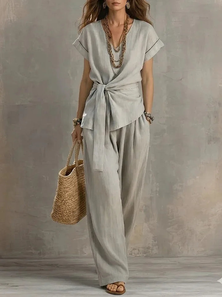 Melina Relaxed Tie Waist V Neck Lounge Set