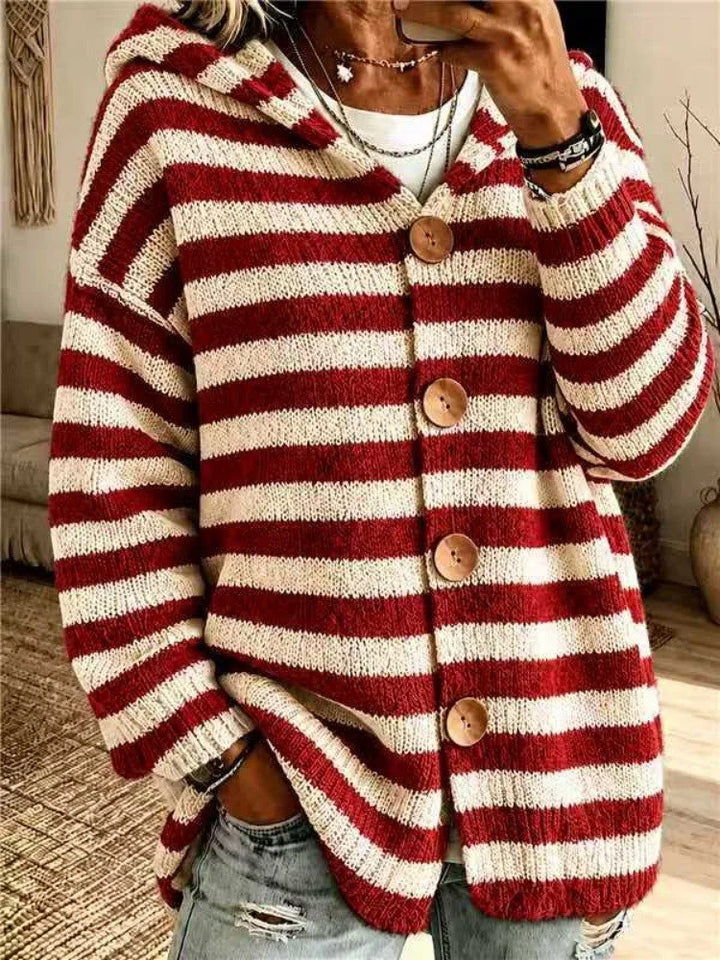 Pia Hooded Striped Button Cardigan