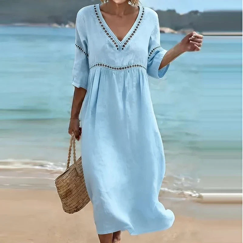 Vianne Hollow Trim V-Neck Midi Dress