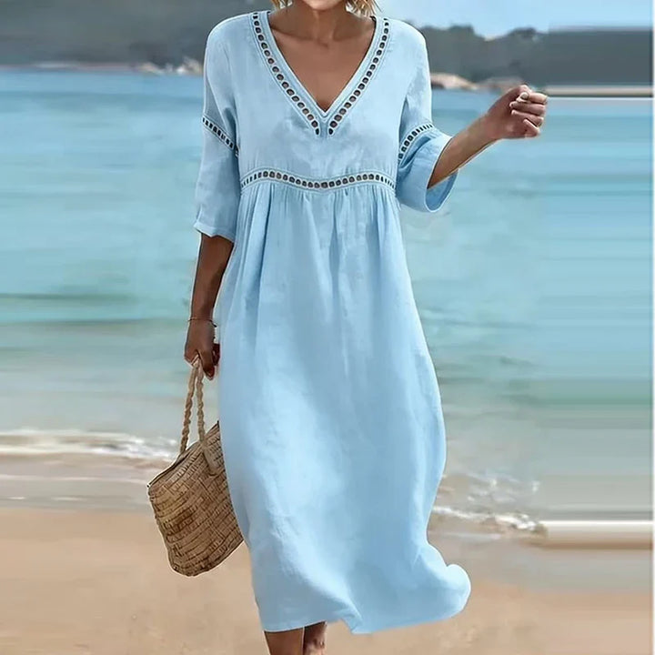 Vianne Hollow Trim V-Neck Midi Dress
