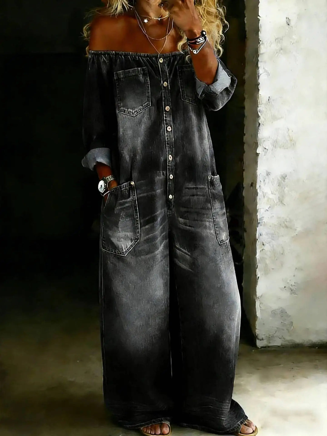 Novella Off Shoulder Denim Jumpsuit