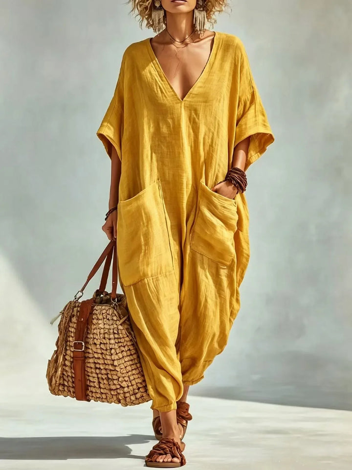 Fallon V Neck Linen Blend Pocket Romper