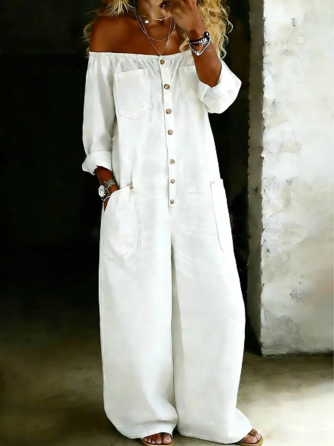 Novella Off Shoulder Denim Jumpsuit