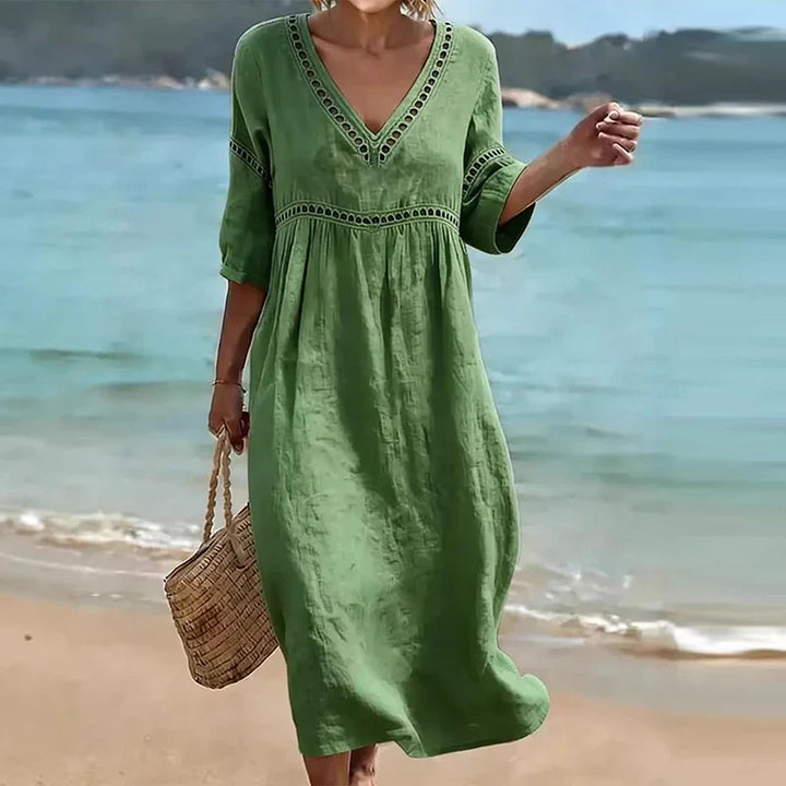 Vianne Hollow Trim V-Neck Midi Dress