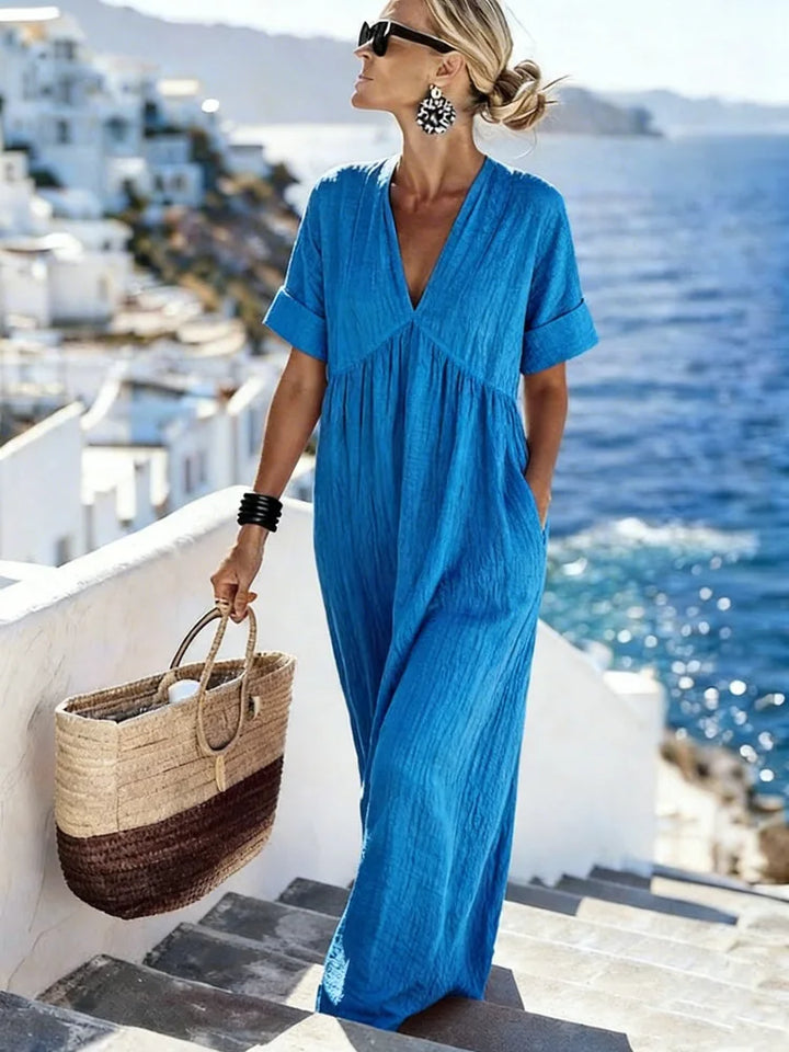 Halina Elegant Relaxed V Neck Maxi Dress