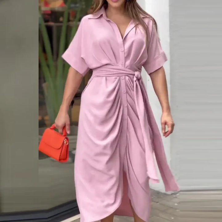 Quenby Printed Tie Waist Shirt Midi Dress