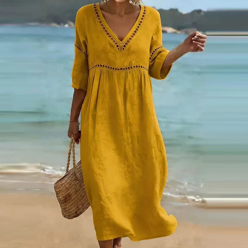 Vianne Hollow Trim V-Neck Midi Dress