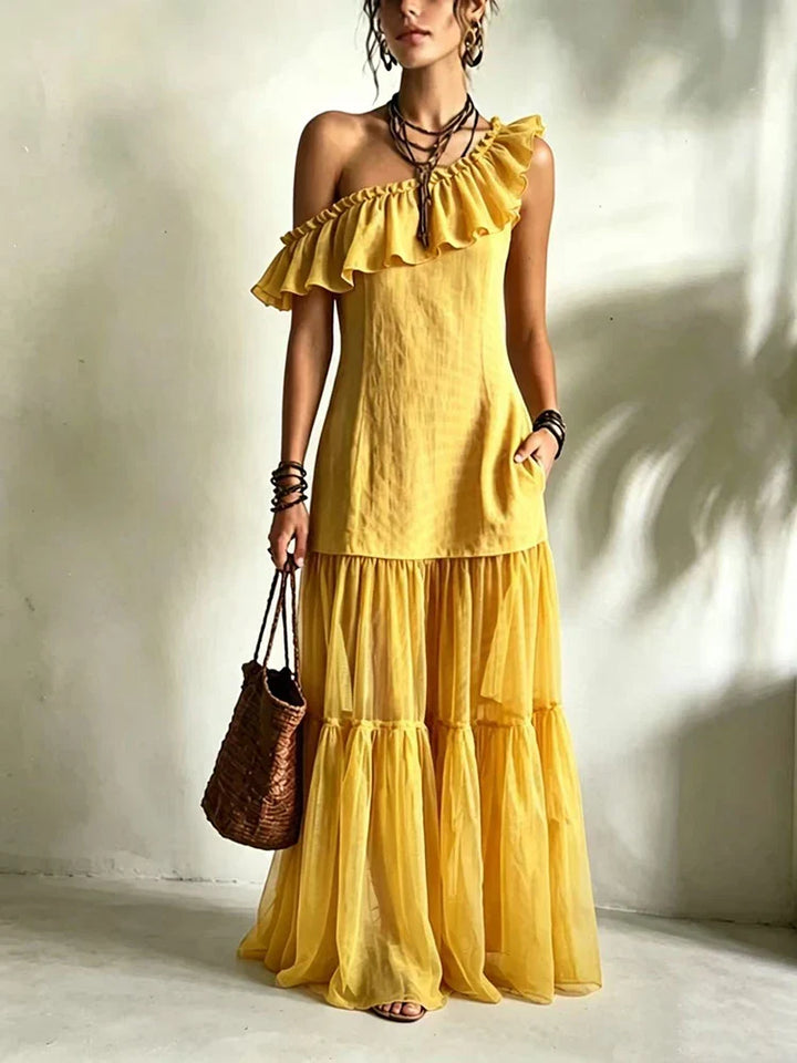 Eliana One Shoulder Asymmetrical Ruffle Maxi Dress