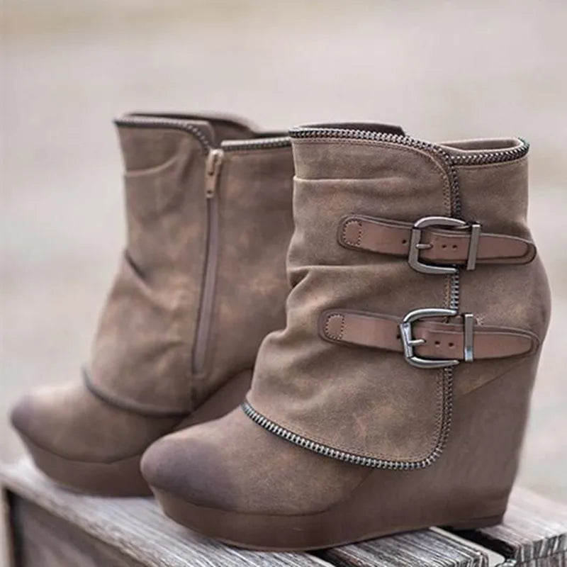 Marisette Buckle Strap Wedge Boots