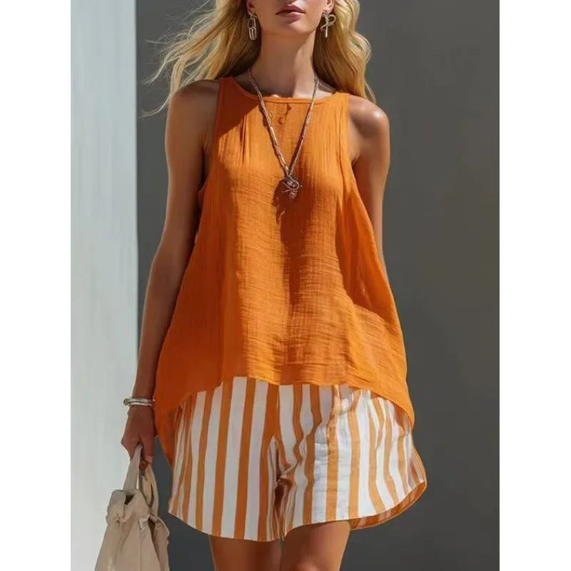 Zaria Sleeveless Tank And Striped Shorts Set