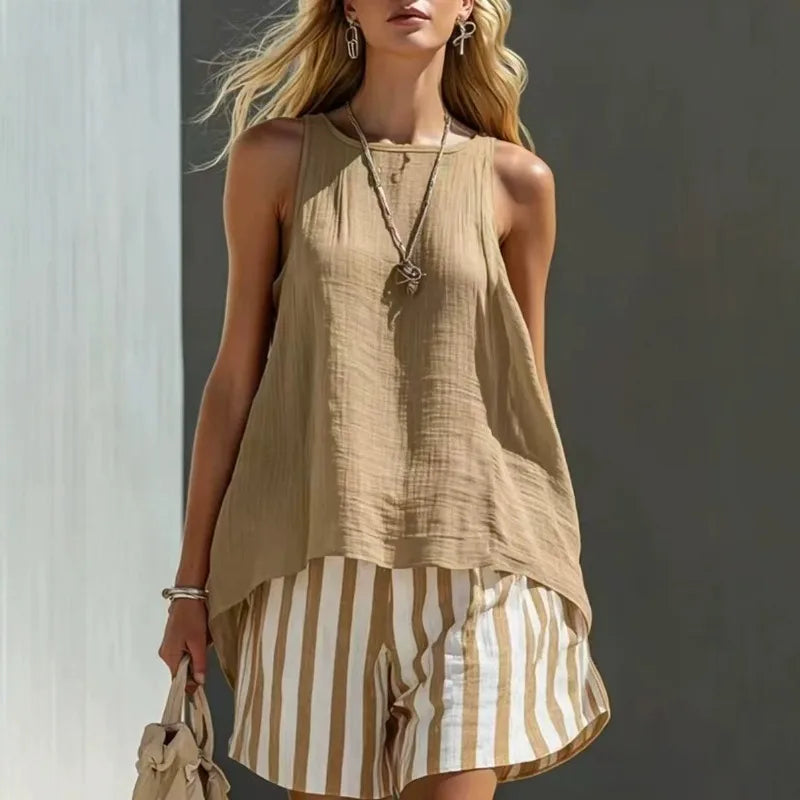 Zaria Sleeveless Tank And Striped Shorts Set