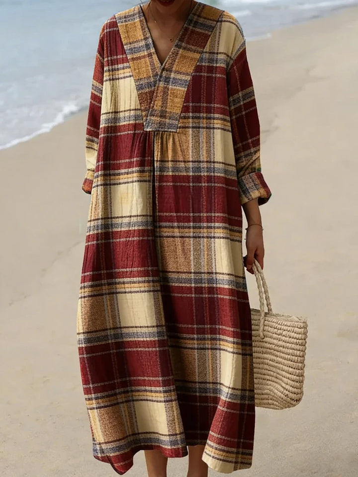 Roman V Neck Plaid Midi Dress