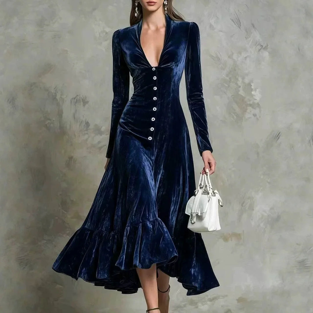 Vienne Button Front Velvet Dress