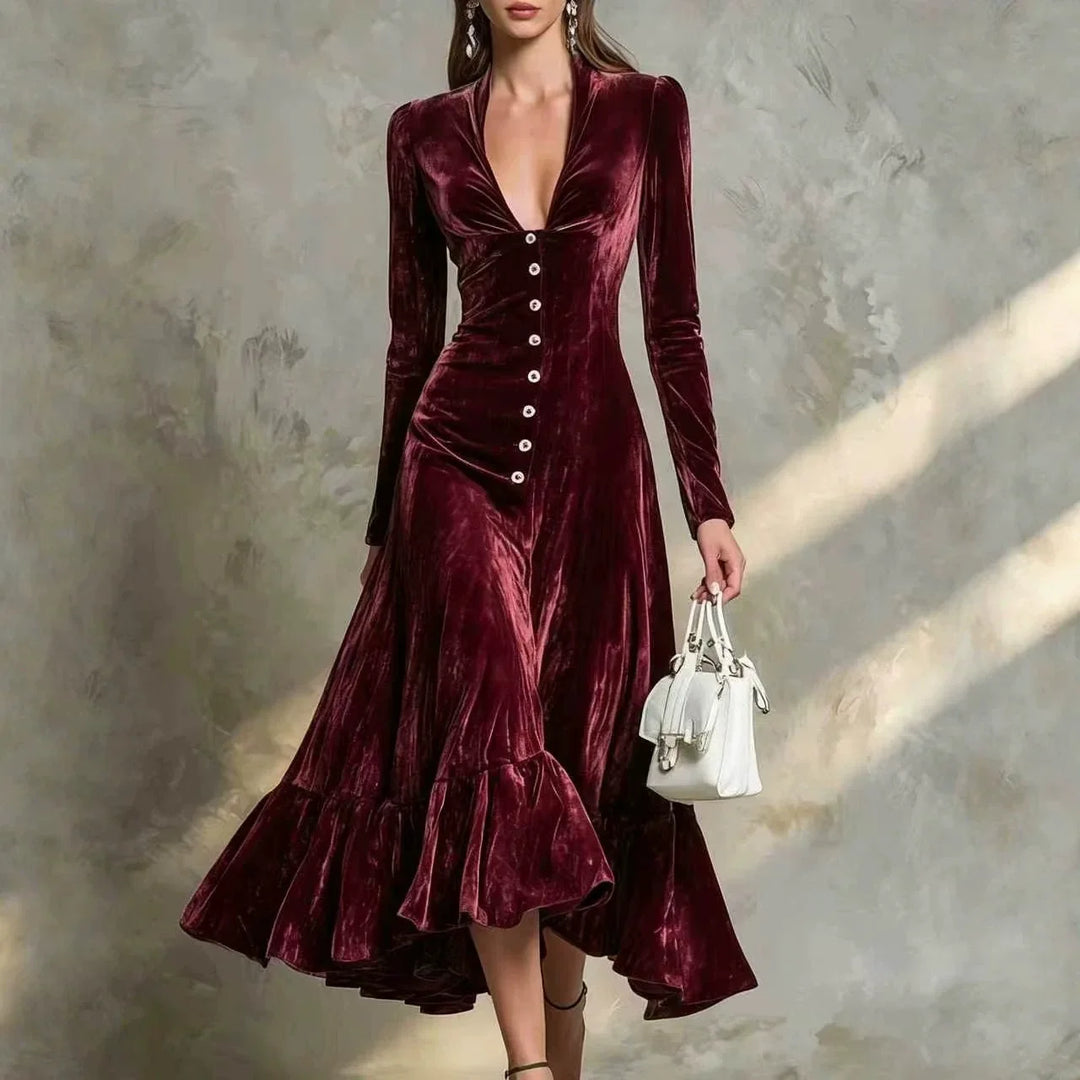 Vienne Button Front Velvet Dress