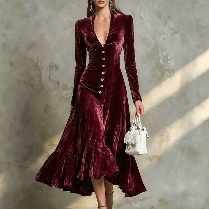 Vienne Button Front Velvet Dress