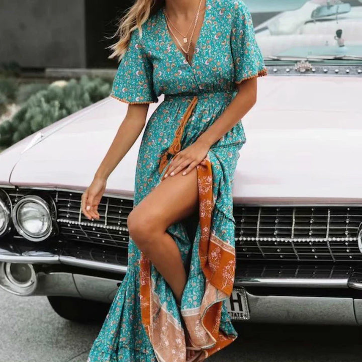 Henna Drawstring Bohemian Maxi Dress