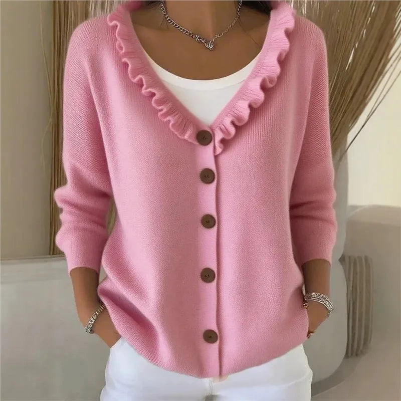 Colette Ruffle Neck Button Cardigan