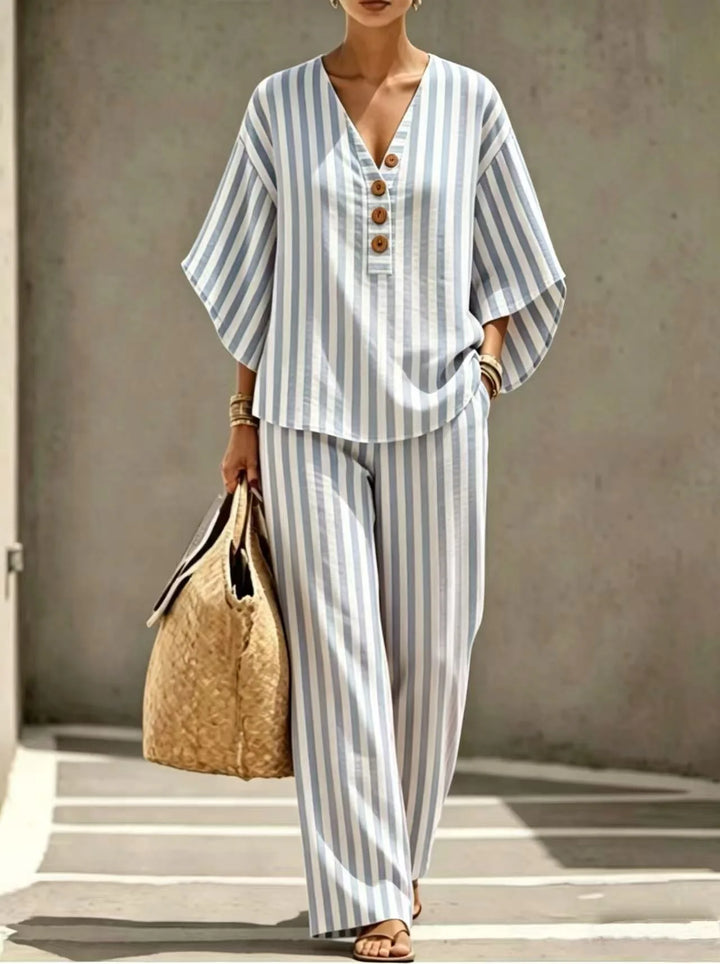 Clarissa Striped Short Sleeve Button Front Pants Set
