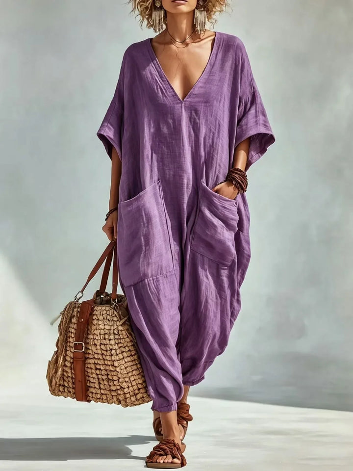 Fallon V Neck Linen Blend Pocket Romper