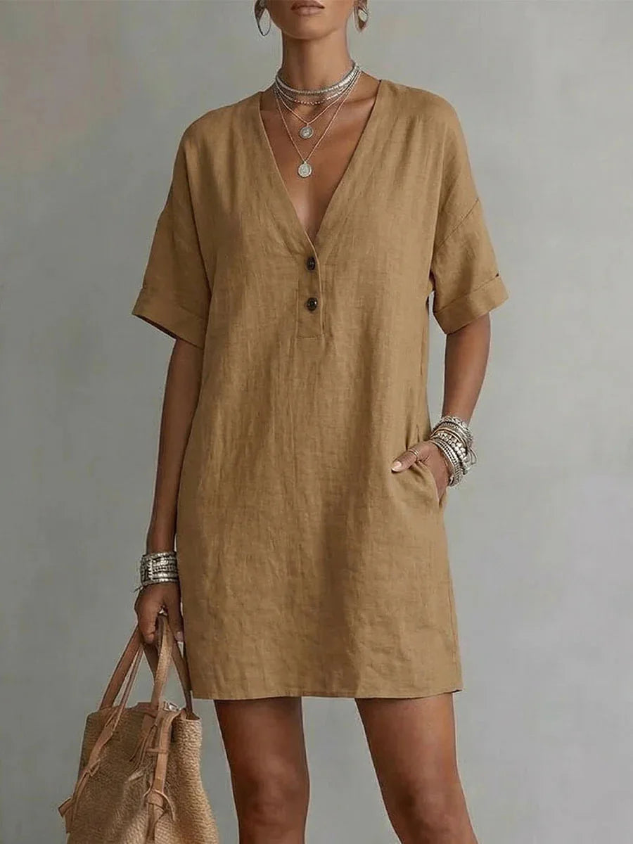 Lenora Breathable Linen V-Neck Mini Dress