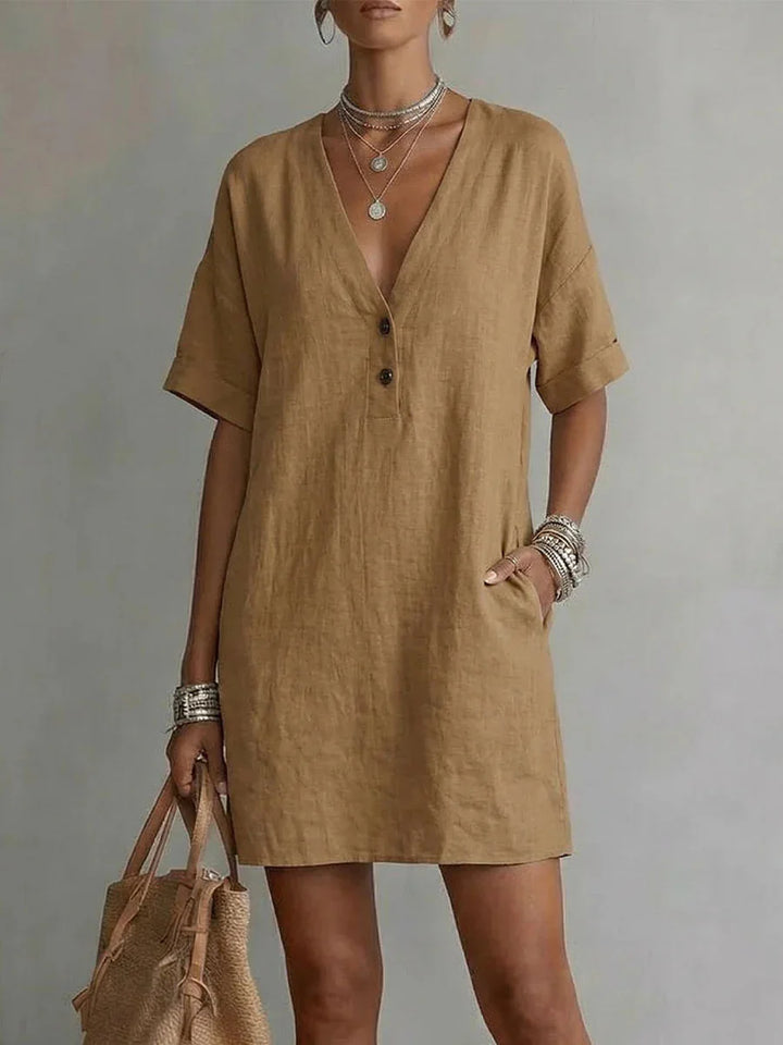 Lenora Breathable Linen V-Neck Mini Dress