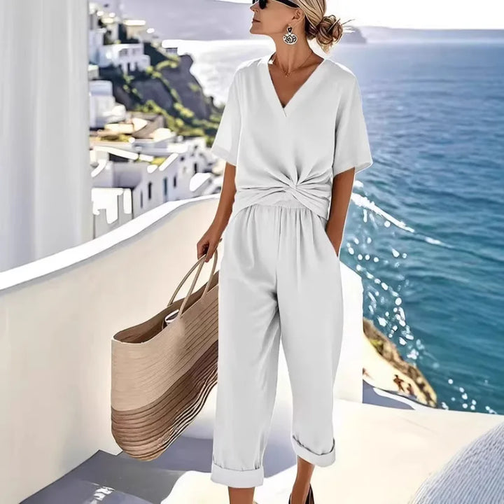 Safira Casual Tie Waist Short Sleeve Pants Set