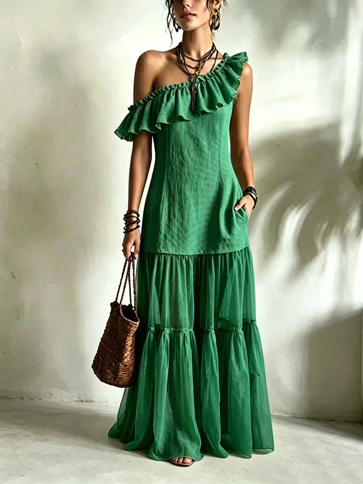 Eliana One Shoulder Asymmetrical Ruffle Maxi Dress