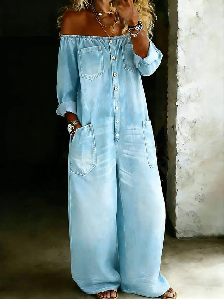 Novella Off Shoulder Denim Jumpsuit