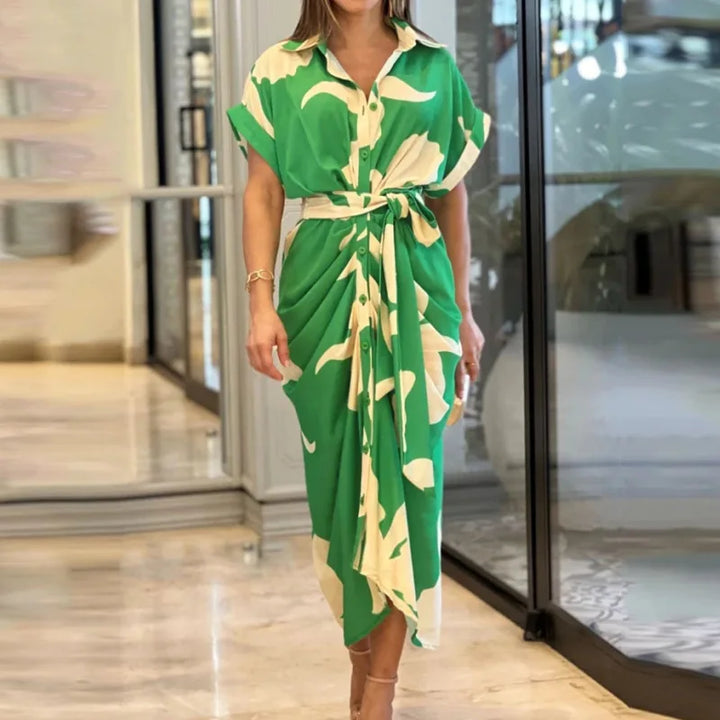 Quenby Printed Tie Waist Shirt Midi Dress