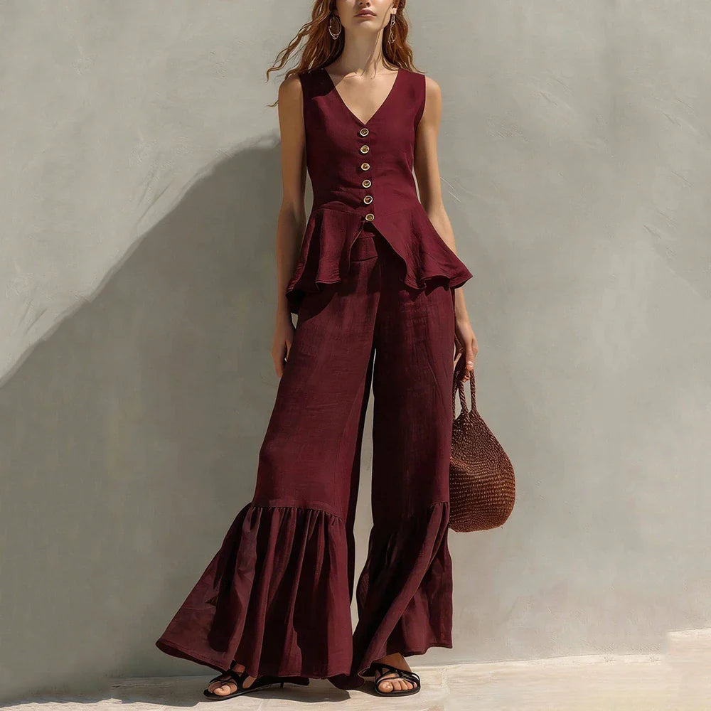Nora Ruffle Trim Wide Leg Pants Set