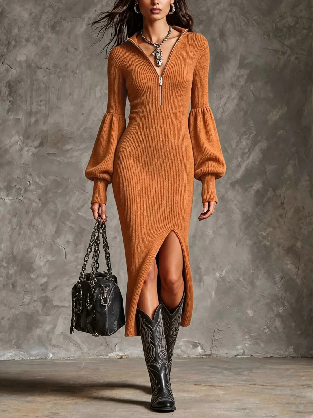 Evelyn Half Zip Ribbed Midi Dress