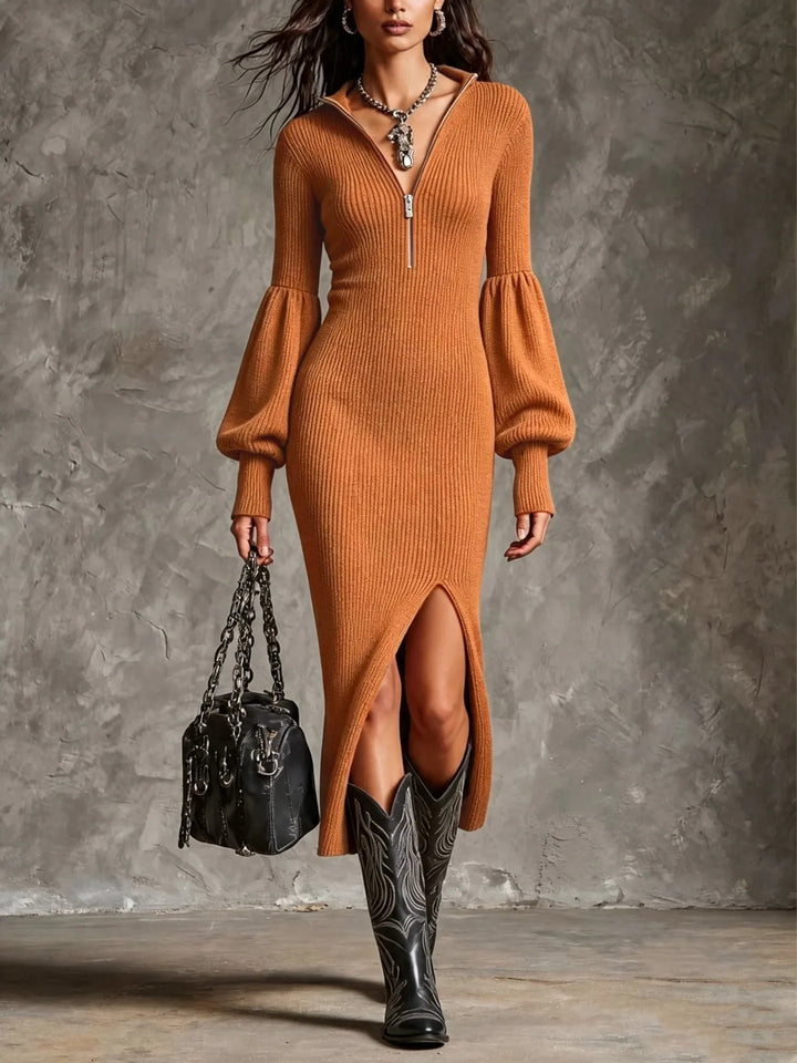 Evelyn Half Zip Ribbed Midi Dress