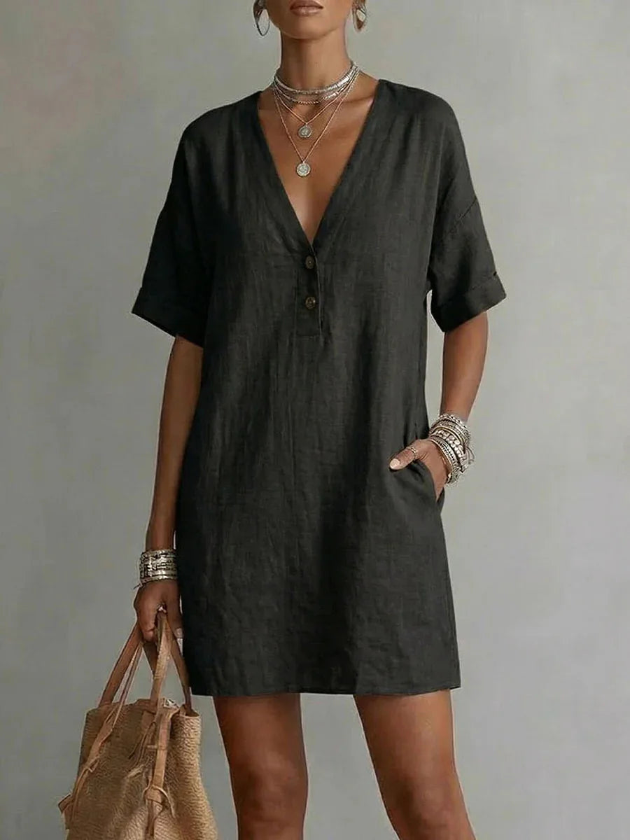Lenora Breathable Linen V-Neck Mini Dress