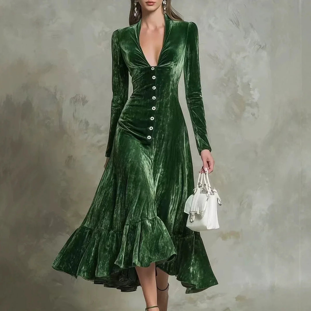 Vienne Button Front Velvet Dress