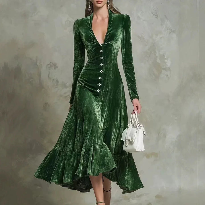 Vienne Button Front Velvet Dress
