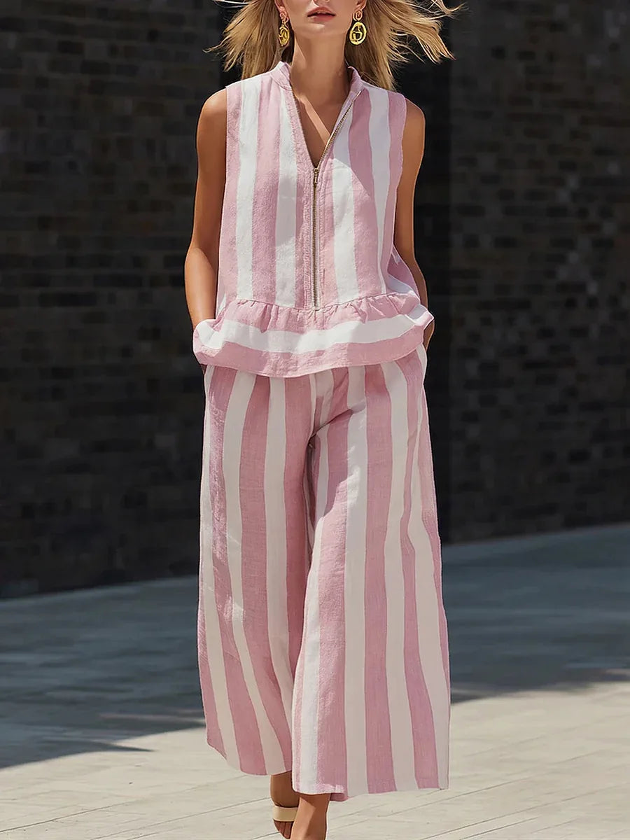 Anila Striped Zip Front Sleeveless Pants Set