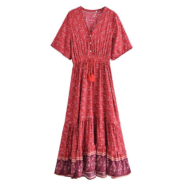 Henna Drawstring Bohemian Maxi Dress