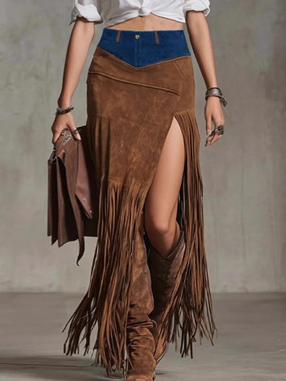 Savrani Suede Fringe Maxi Skirt