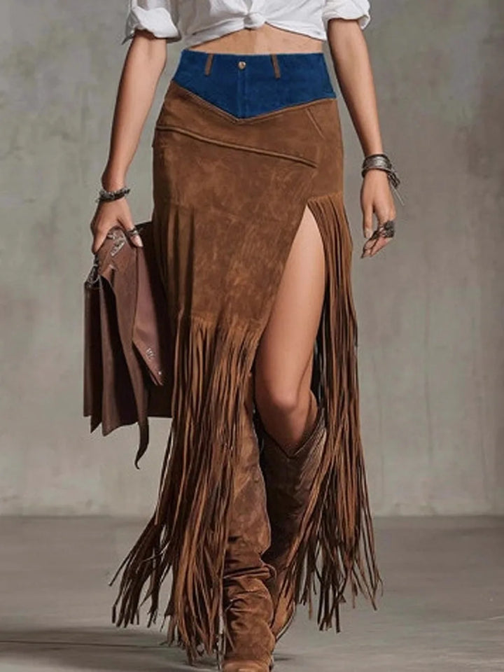 Savrani Suede Fringe Maxi Skirt