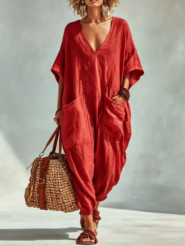 Fallon V Neck Linen Blend Pocket Romper