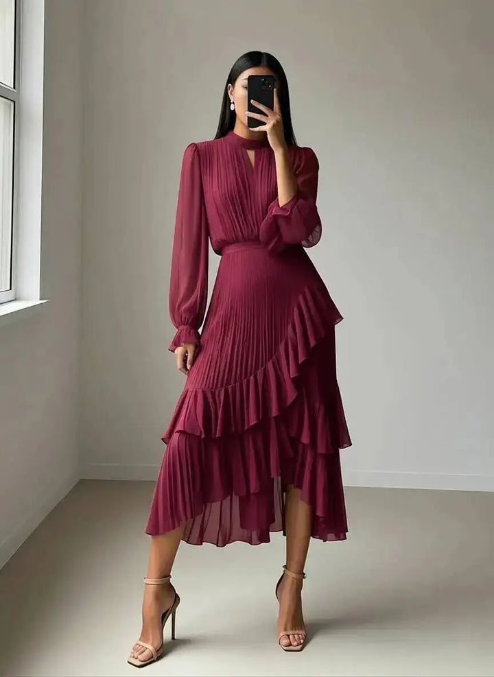 Meera Pleated Ruffle Midi Dress