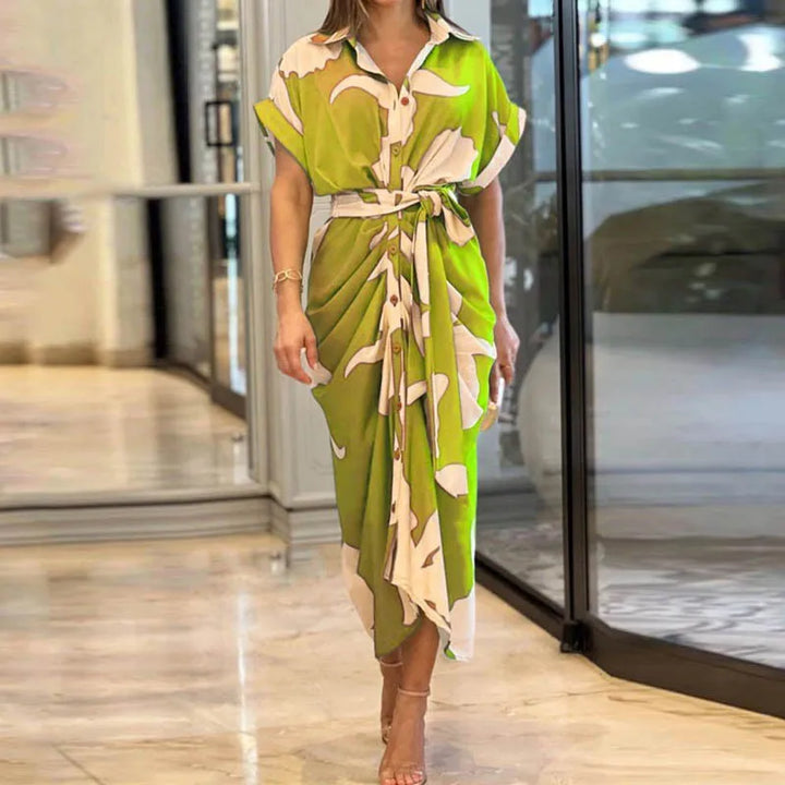 Quenby Printed Tie Waist Shirt Midi Dress