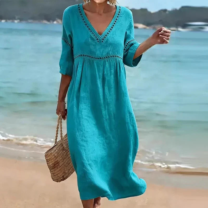 Vianne Hollow Trim V-Neck Midi Dress